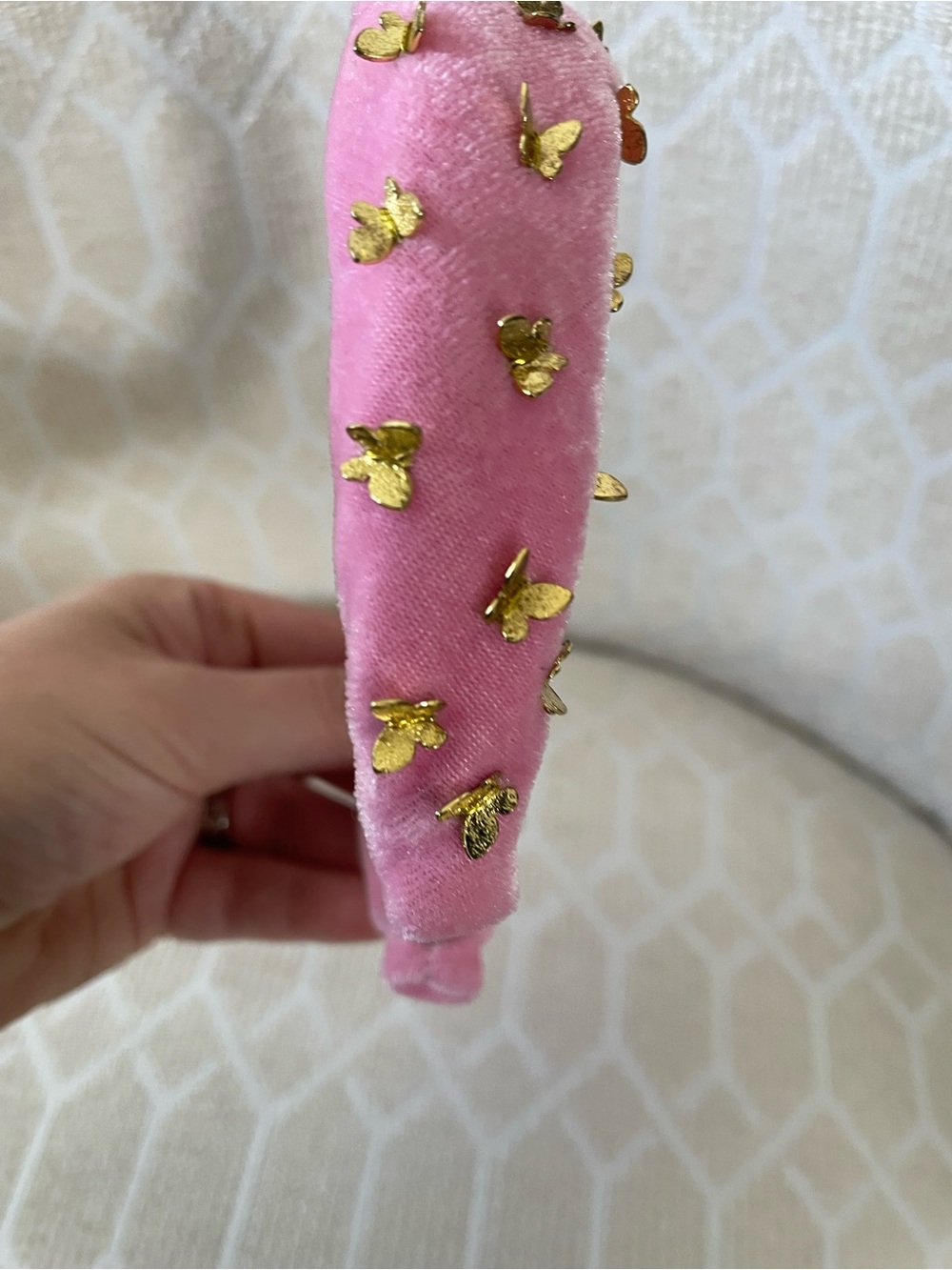 Lele Sadoughi Pink Velvet Kids Headband with Gold Butterfly Accents
